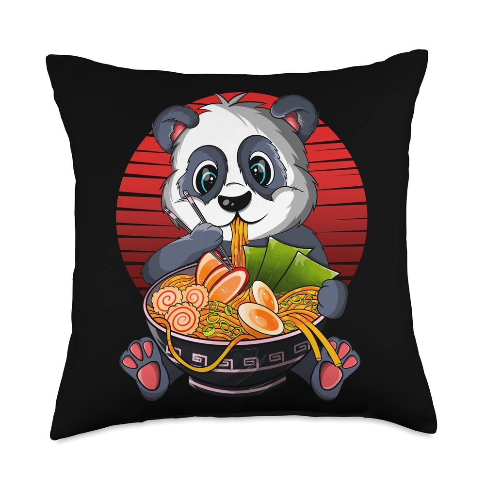 5661 Kawaii Ramen Panda, Japanese Neko Noodle Funny Anime Throw Pillow